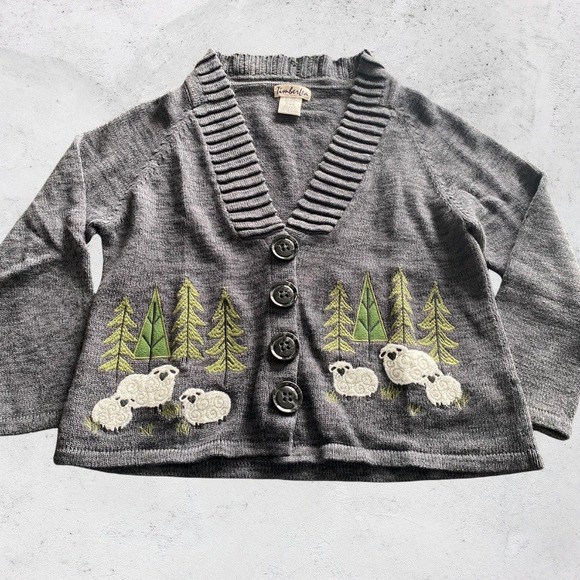 Timberlea Sweaters - Timberlea Cardigan Sweater Large Sheep Trees Grey Snap Button Cottagecore Raime